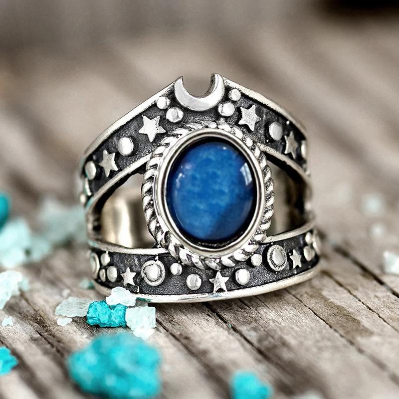 2026 New European and American Star Moon Retro Ring, Female Design Sense, Personality Temperament, Punk Trend, Antique Zircon