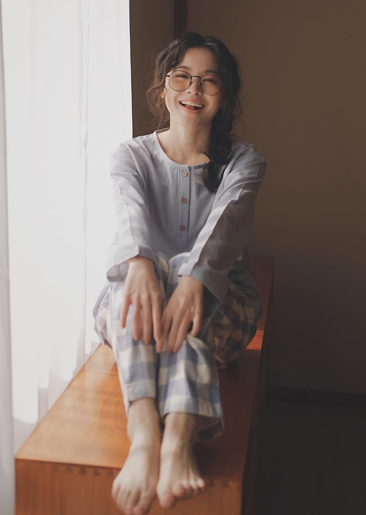 Euyqs Cotton Pajama Long Sleeve Henley Top and Loungewear Light Blue Check Set, Pants, (JP, Alphabet, XL, Pattern)