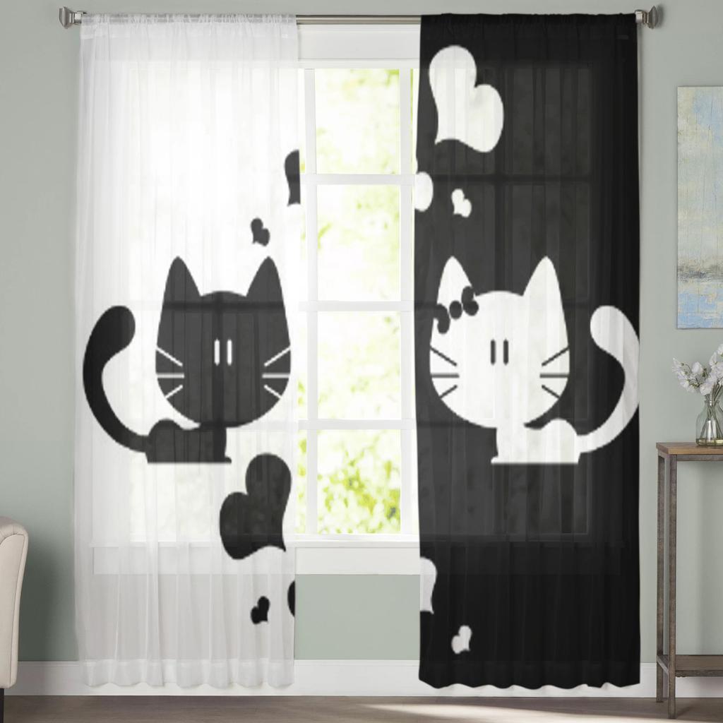 Cute Couple Of Kittens Romantic Tulle Curtains For Living Room Kitchen Window Drapes Home Decor Sheer Curtain For Kids Bedroom