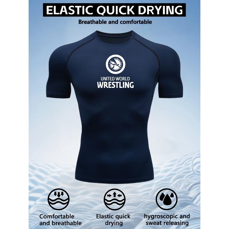 Men's White Compression T-Shirt with "United World Wrestling" Print, Elastic Quick Drying Breathable Wrestling & Gym Training Top