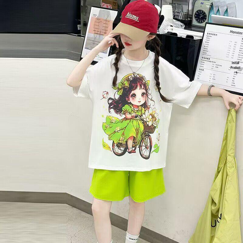 Girls Summer Sporty Cartoon Two-Piece Shorts Set 130cm