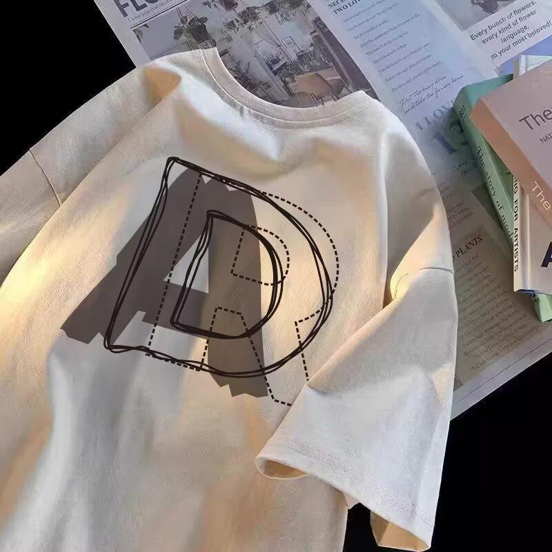 

2025 Мужская Летняя Новая Модная Повседневная Футболка с Коротким Рукавом Свободного Кроя с Принтом Букв для Студентов 3XL абрикосовый