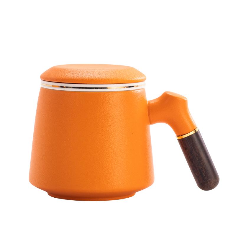 Chinese Style Ceramic Cup Gift Set with Lid and Wooden Handle - Three-Piece Tea Cup with Filter