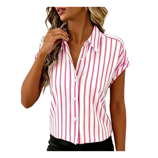 Women Shirt Drop Shoulder Short Sleeves Button Placket Striped Print Summer Shirt Loose Fit Soft Stretchy Tops Daily Wear XXL розовый