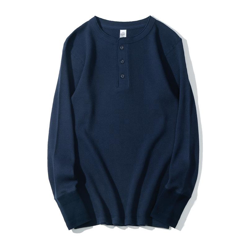 Męska koszulka z długim rękawem Henley Waflowy splot Ciężka Slim Fit Codzienna Vintage Wiosenna Warstwa bazowa Góra