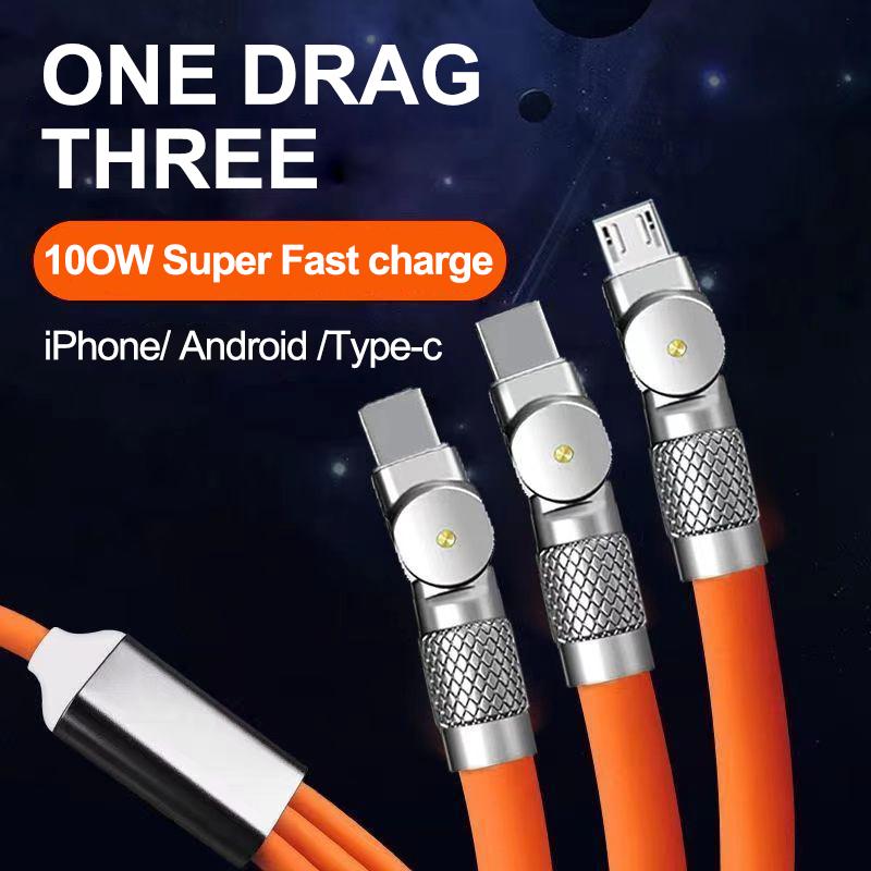 3 In 1 Elbow Fast Charge Cord 120W Micro USB Type-C Multiple USB Phone Cables Liquid Silicone For Xiaomi 13 Samsung IPhone 14 13
