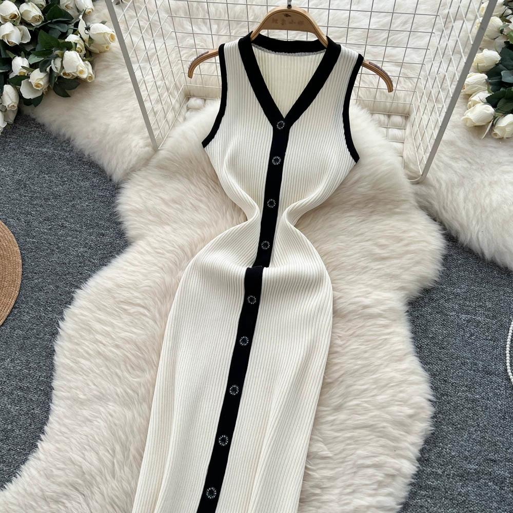 Summer Women Casual V-neck Sleeveless Single Breasted Knitted Sweater Long Midi Dresses