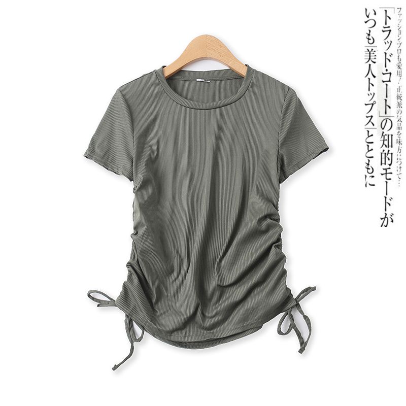 

Pleating Thread T-shirt Summer New Foreign Trade Women clothes Versatile Age-Reducing round Neck Plus size Slimming Short sleeve Top 14670 Army Green XS