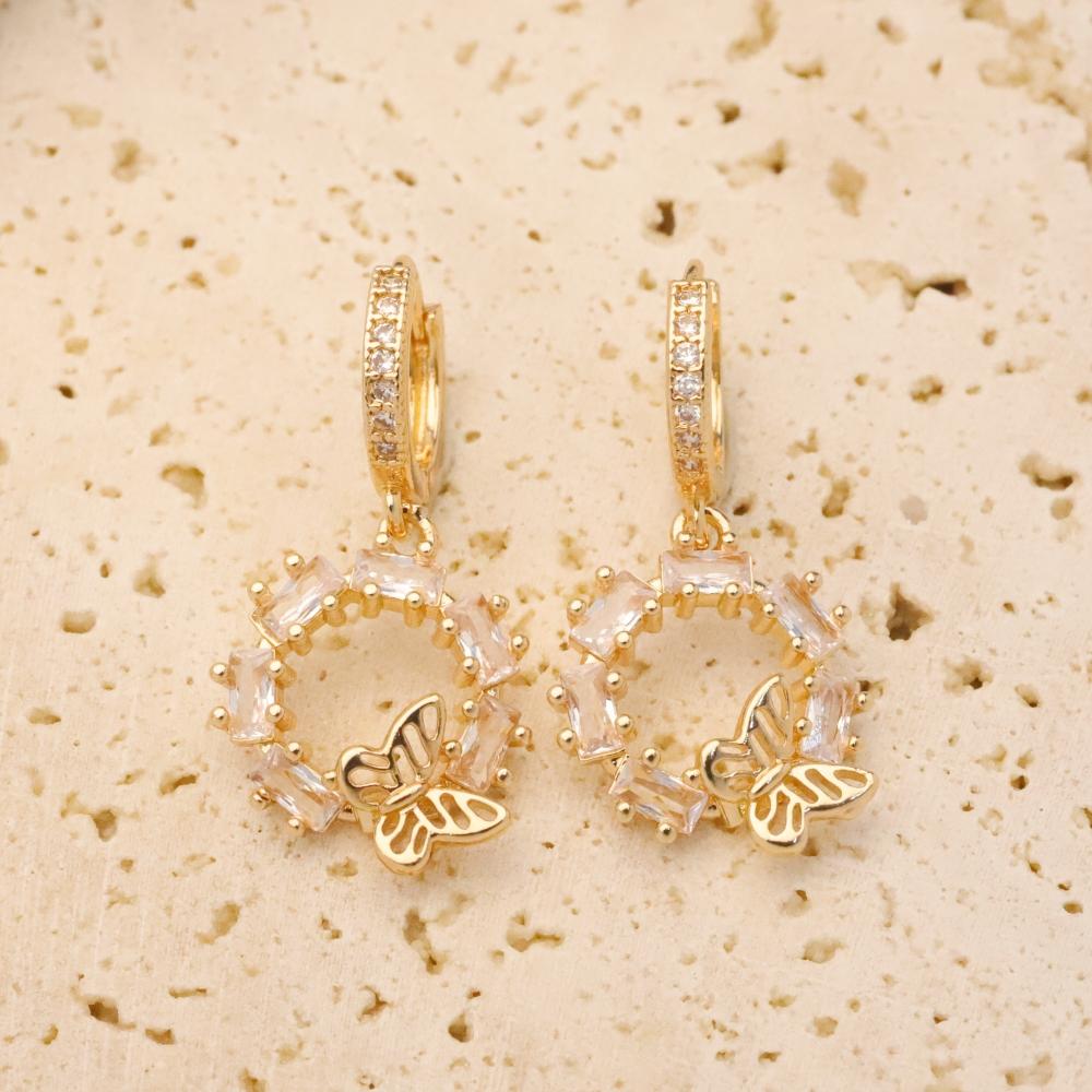 1 Pair Luxury Round Zirconia with Butterfly Dangle Earrings for Women Golden Earring Jewelry Wedding Party Accessories