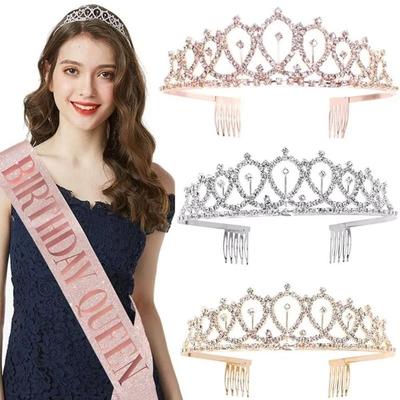 2Pcs/Set New Glitter Birthday Party Crown Sash Gold Bling Rhinestone Crystal Crown Silver Birthday Satin Party