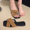 Mode Damen 2025 Französischer Stil Flache Perlensandalen Sommer Slip-On Elegante Pantoletten für Draußen Überkreuzte Zehenriemen Lässige Flip-Flops