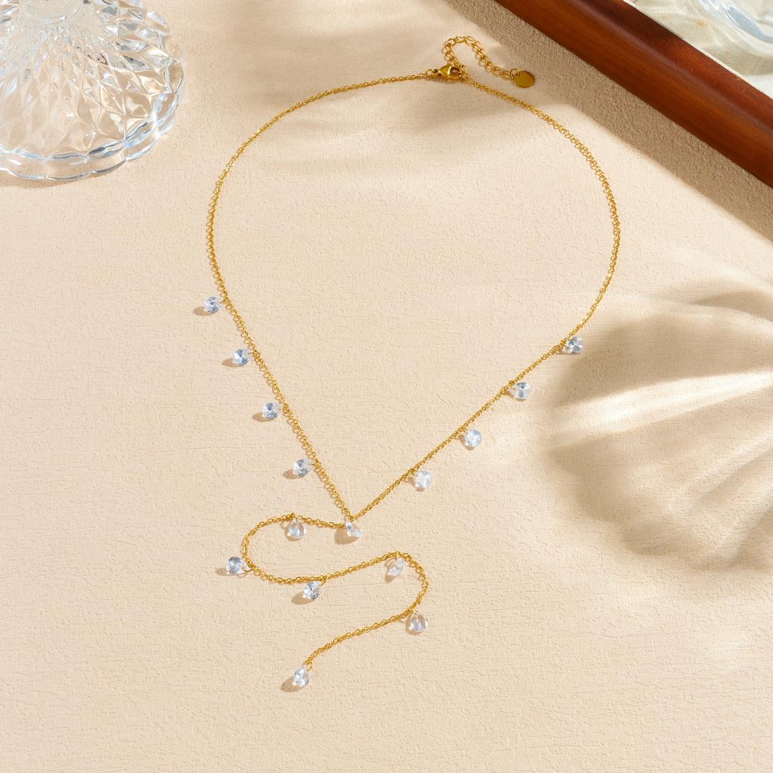 White Zircon Water-Drop Series Tassel Long Pendant Necklace Lady 316L Stainless Steel Minimalist Style Neck Chain Gifts