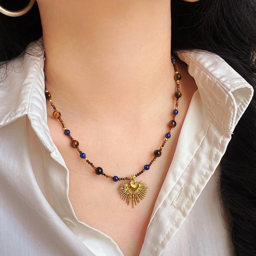 Wind Hochwertiger Maillard Natürlicher Tigerauge Stein Mini Schlüsselbeinkette Halskette Anhänger für Frauen