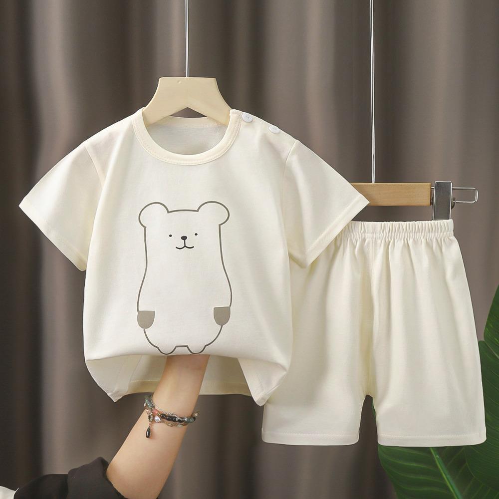 Kids Cotton Short Sleeve 2Pcs Set, Summer Shoulder Snap T-shirt & Shorts for Toddler Boys Girls