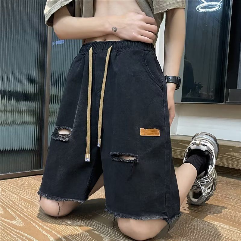 Broken Hole Denim Shorts for Men Men's Outer Wear Five Quarter Men's Pants Summer Thin Ins Trendy Loose Versatile Mid Length Pants Men's Pants