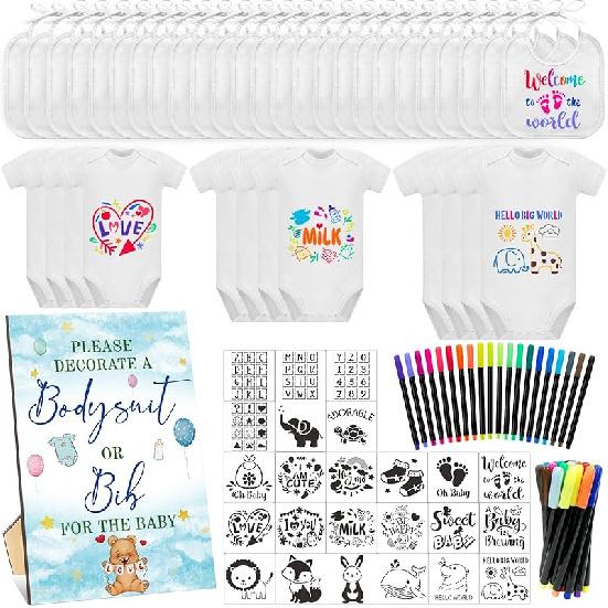 82Pcs Baby Bib Bodysuit Baby Shower Set Baby Shower Game Sign Baby Feeder Bib Newborn Bodysuit Fabric Marker