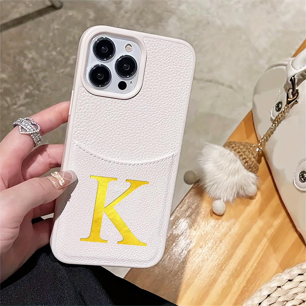 Custom Name Initial Big Letter Insert Card Phone Case For iPhone 16 15 14 13 12 Pro Max Plus Hot Foil Stamping Faux Leather Case