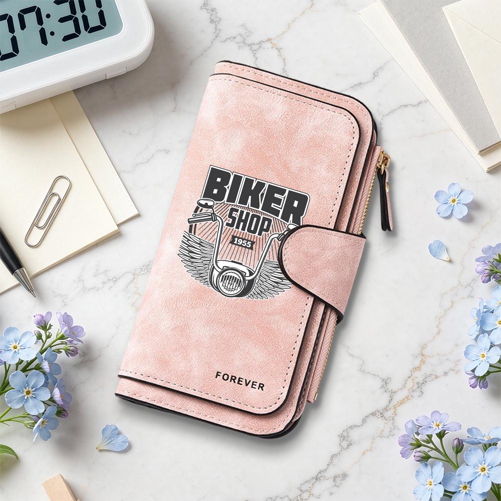 Vintage Biker Print Long Wallet Multi Slot Card Holder Portable Fashion Purse