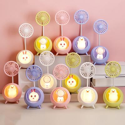 Desk Lamp Small Fan with Adjustable Bendable Pole Stable Base Quiet Motor Cartoon Chick Rabbit Design Dorm Room Fan Light
