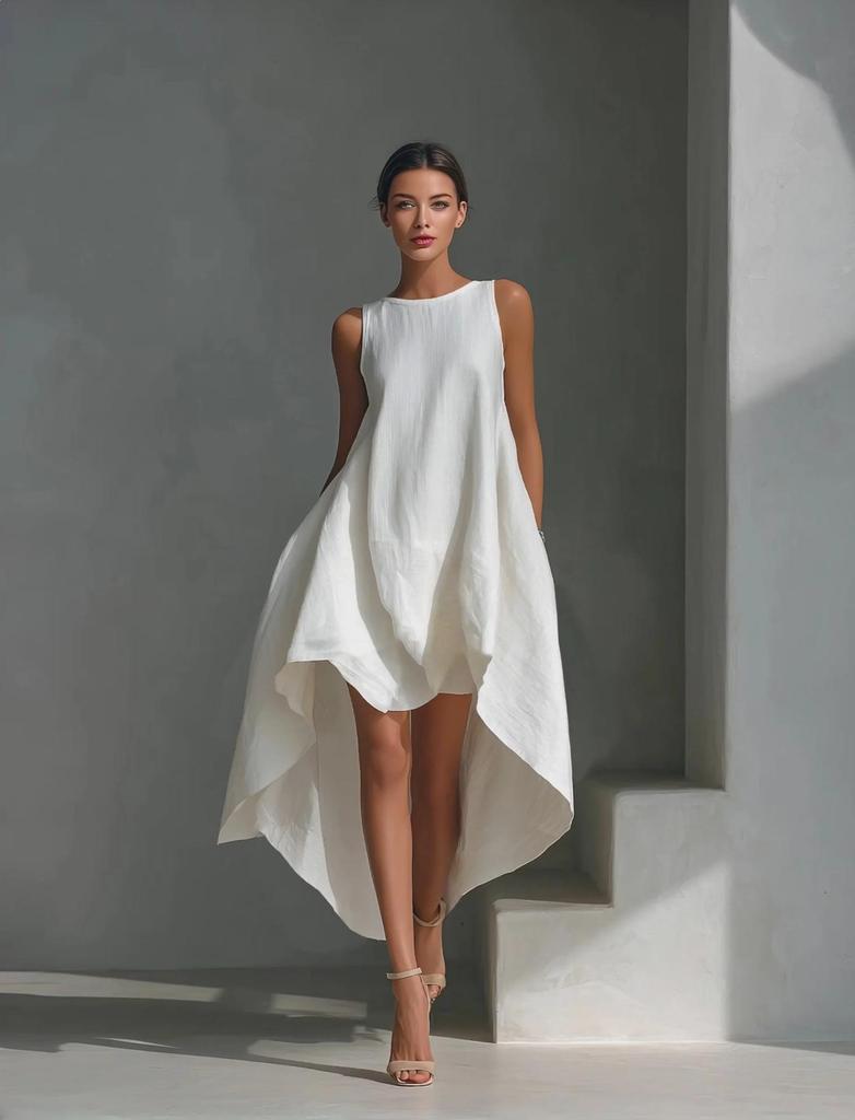 2026 Summer Women's Solid Color Sleeveless Loose Casual Dress with Irregular Hem