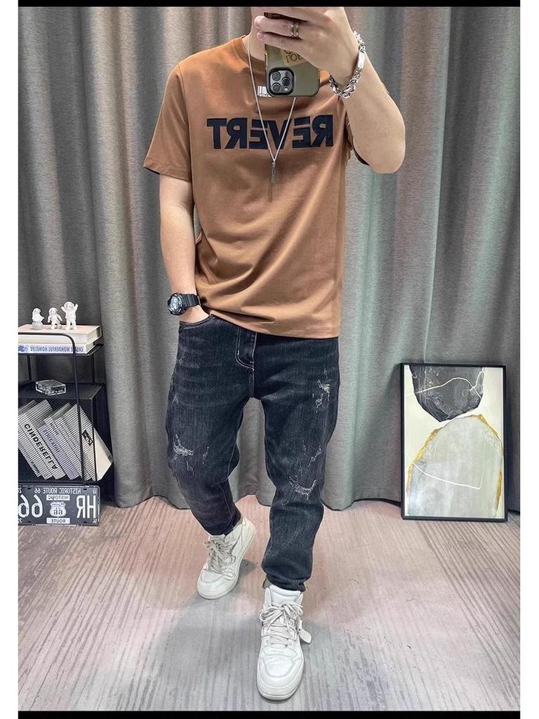 Camiseta Masculina Moderna de Manga Curta com Estampa de Letras 2024