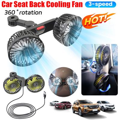 360° Cooling Car Fan Headrest Double Head Fans for Rear Seat 180cm USB Cable Free-Adjustment 3-Speed Strong Wind Auto Fan