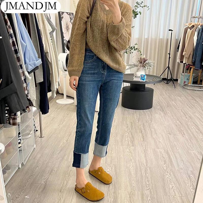 

2022 Новые джинсы больших размеров, осенние женские базовые эластичные брюки, широкие брюки, свободные повседневные женские синие брюки, брюки