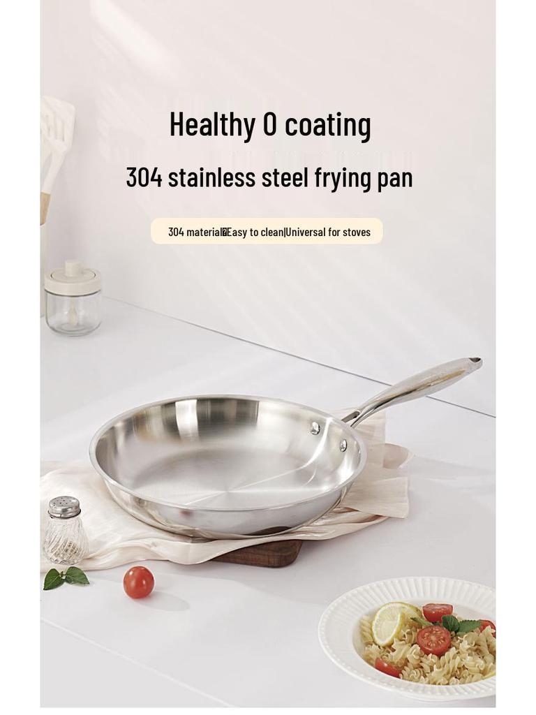 Uncoated 304 Stainless Steel Flat-Bottom Frying Pan for Induction Cookers - Non-Stick Egg Wok