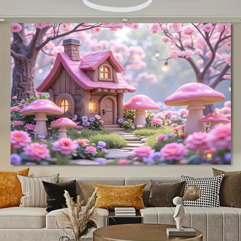 2D Dreamy Sakura Fairy House Backdrop with Glowing Lights for Baby Shower & First Birthday