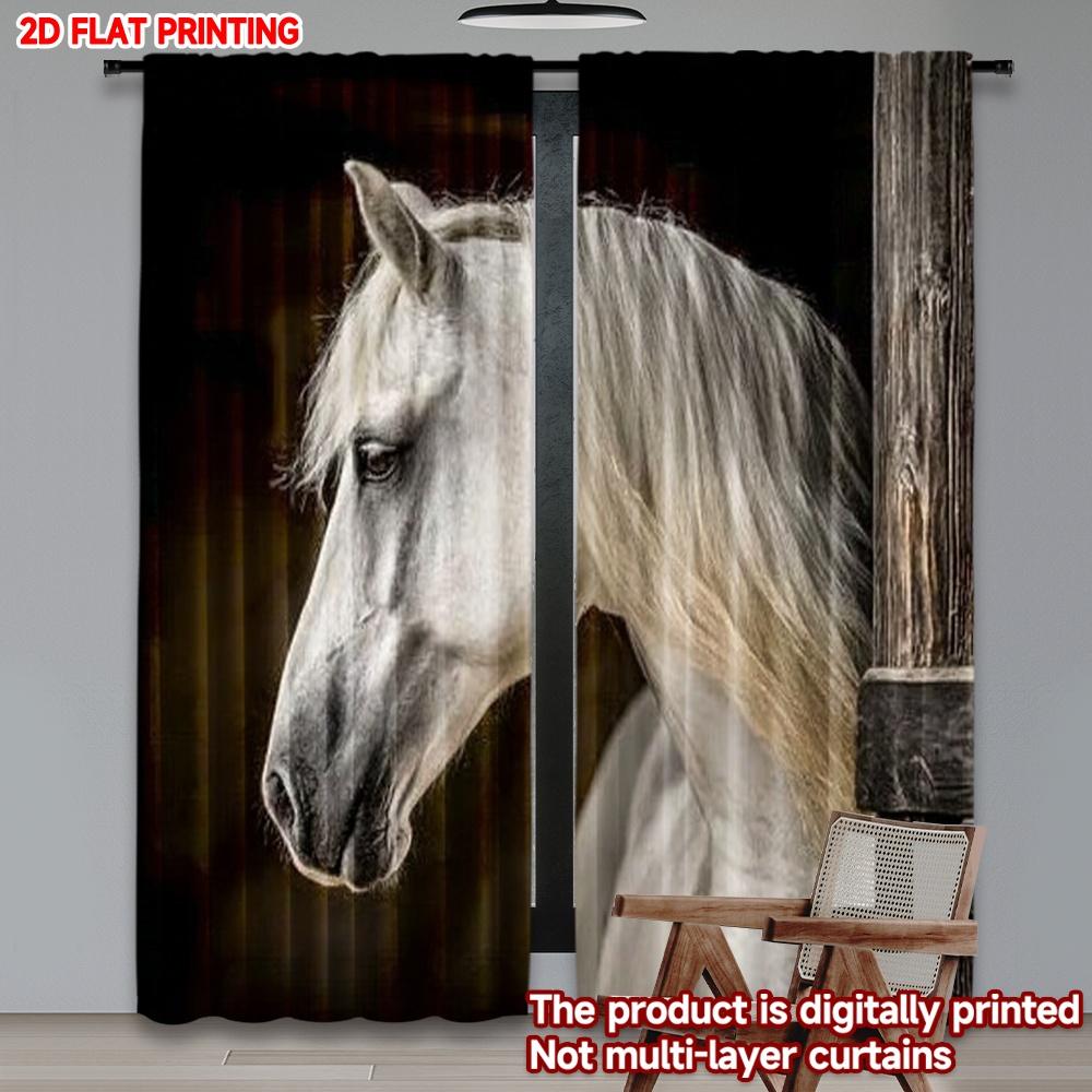 Set Of 2 White Horse Portrait Curtains Realistic Animal Pattern Black Background Living Room Bedroom Decor Modern Made Polyester Great Window