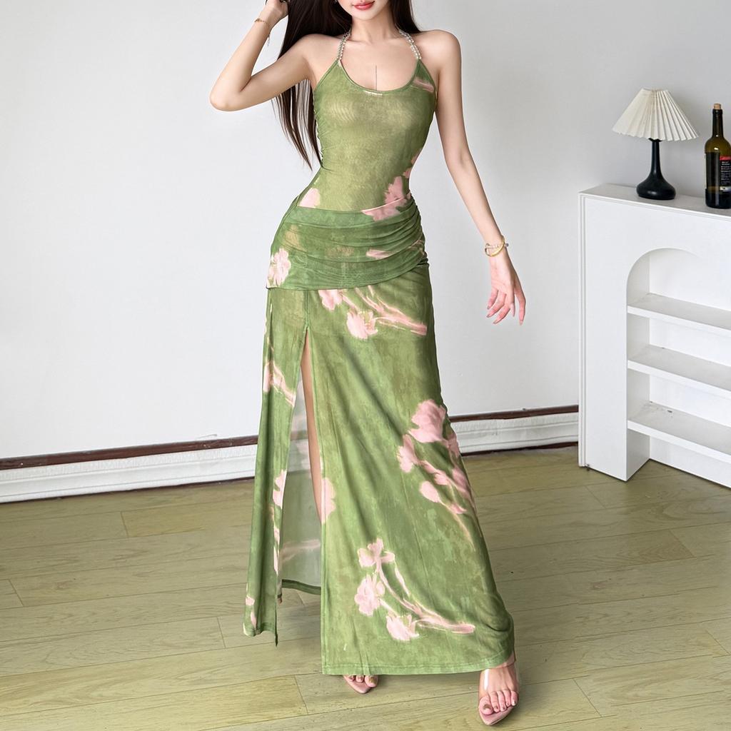 European and American Style 2026 Summer New Girl Retro Sexy Neck Slim Split Dress Women