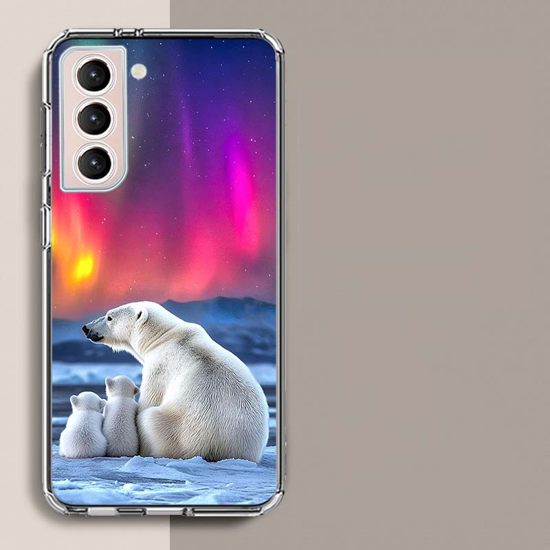 Eisbär und sein Junges unter der Aurora Handyhülle für Samsung Galaxy S25 Edge S24 S23 FE S21 S20 S10 Plus S22 S26 Ultra Cover