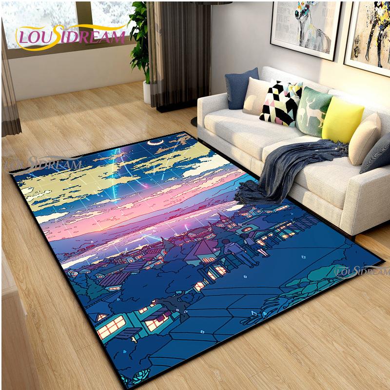Japanese Anime Night Scene Rugs Child Game Floor Mat Alfombra Cartoon Carpets Modern Home Living Room Decor Washable Floor Rug
