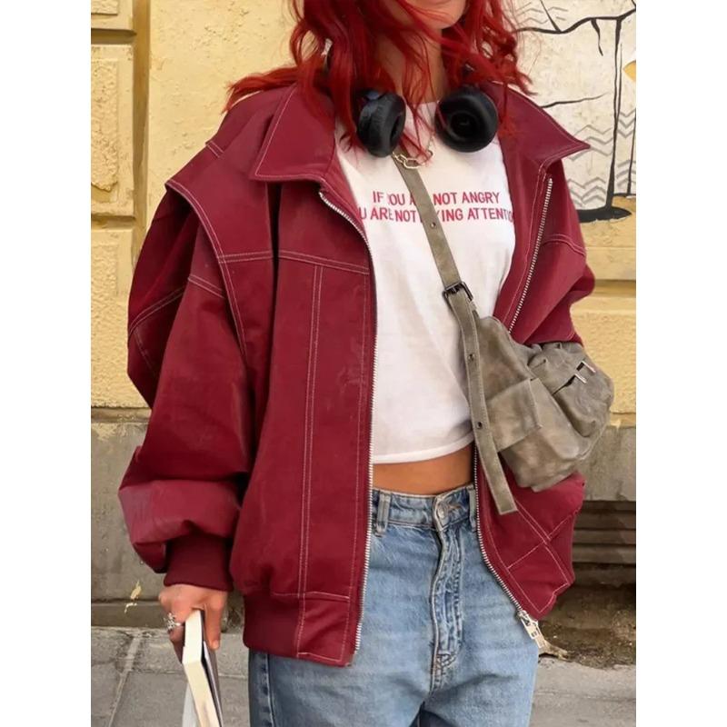 Fashion Patchwork Lapel Long Sleeve Coats Vintage Red Zipper Leather Jacket for Women Autumn Winter Female Casual Outerwear