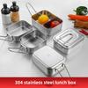 304 Stainless Steel Bento Lunch Box with Handle for Student Large Capacity Square Sealed Compartment Food Storage Containers