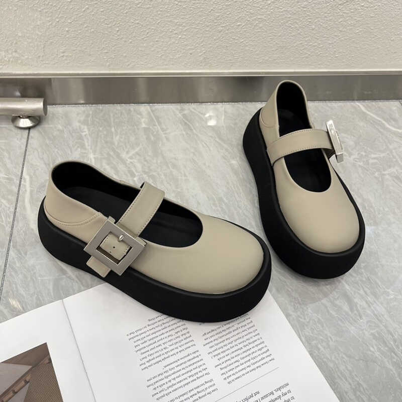 Fashion 2024 Spring and Autumn New Round Head Solid Color One Word Buckle with Thick Bottom Shallow Mouth Single Shoe for Women's