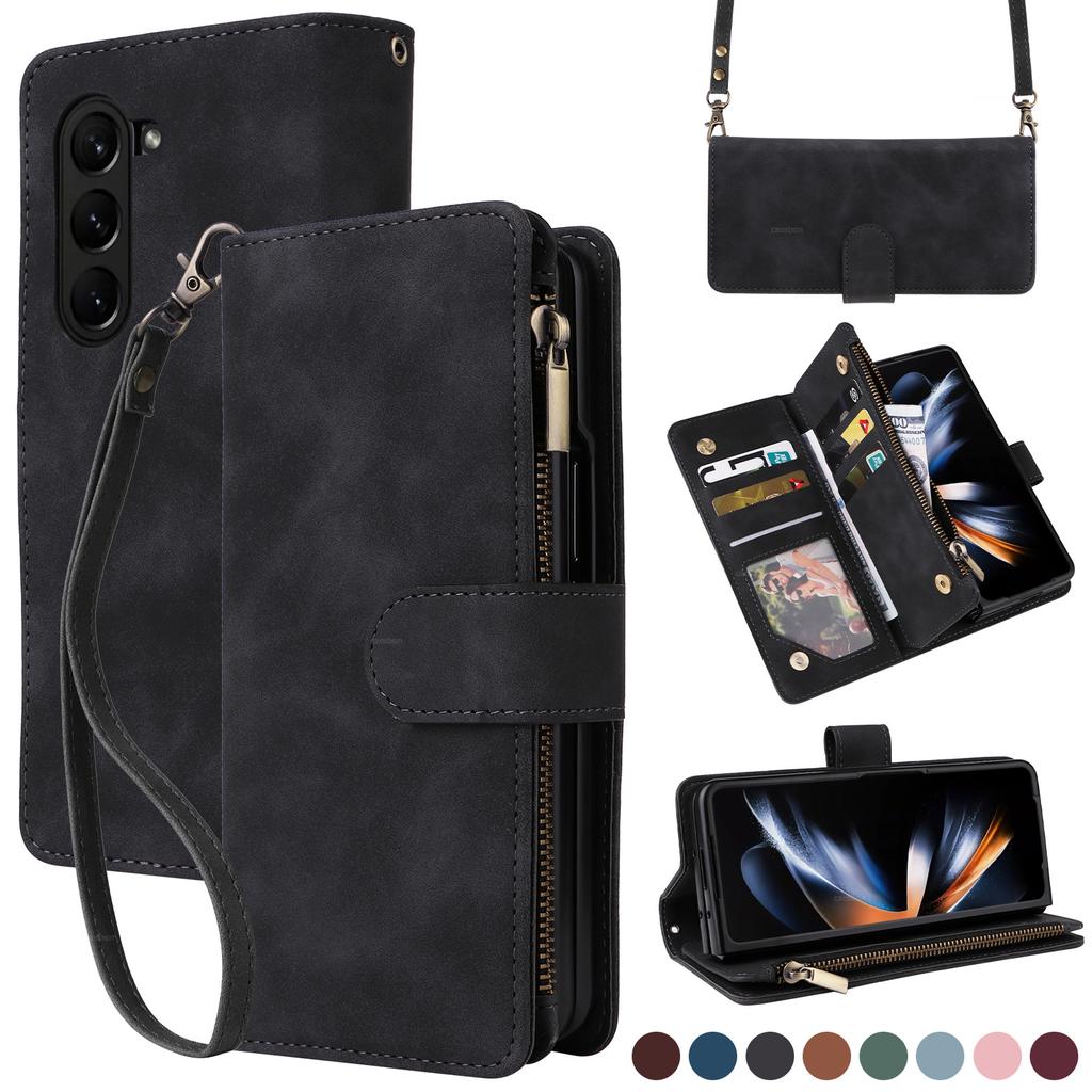 Applicable to Samsung Z Fold 6 leather case Z Flip5 folding mobile phone retro matte zipper wallet diagonal straddle