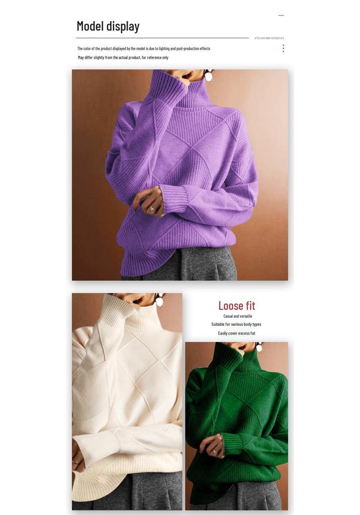 Autumn-Winter Casual High Neck Loose Knit Sweater Pullover