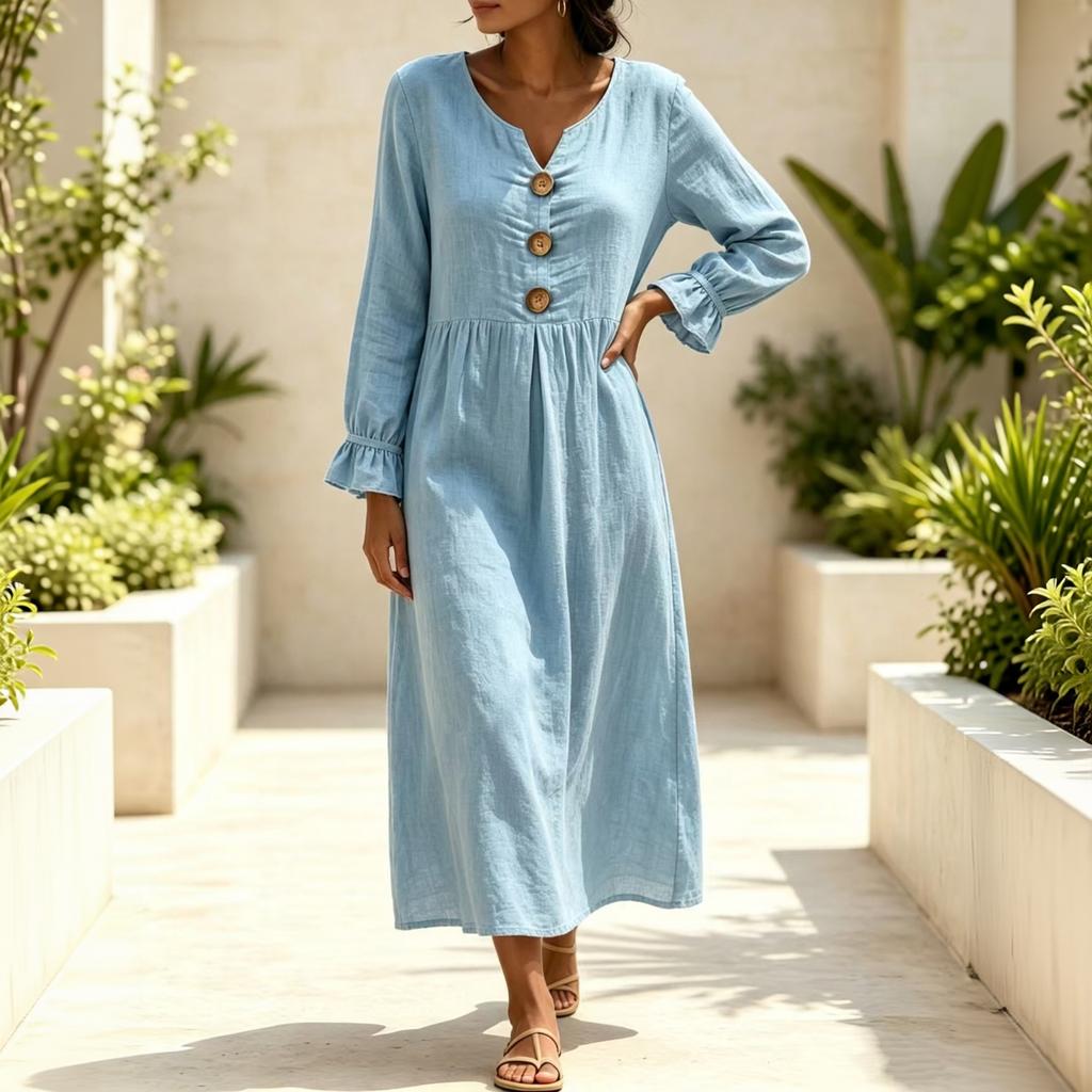 Women's Cotton Linen V-Neck Dress with Large Button and Lace Trim Sleeves