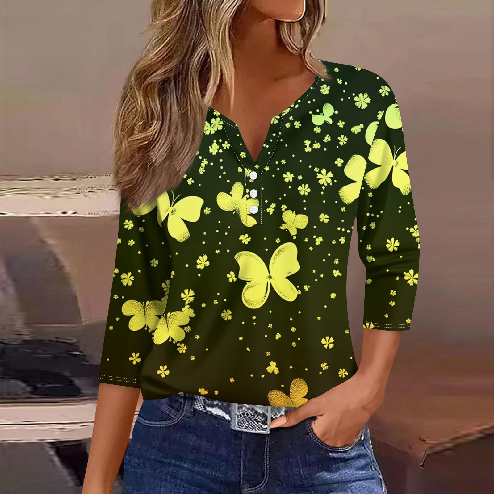 

Жен. Футболка Футболка С принтом Пуговицы Рукав 3/4 Повседневные Выходные Мода Классический V-образный вырез Обычный Топ XL жёлтый