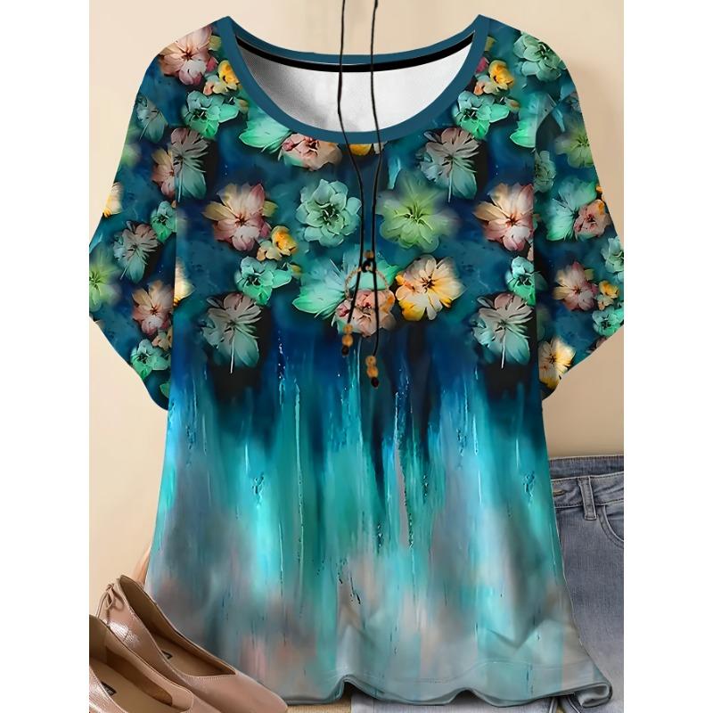 

Casual Elegant Style Printed Pattern Women s Round Neck Large Size Short Sleeve T-Shirt S