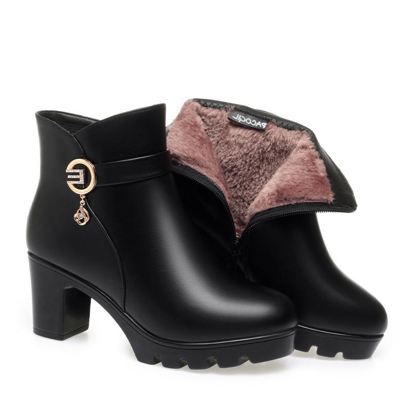 Autumn Winter Warm Thick Bottom Women's Cotton Boots Velvet Waterproof Block High Heels Office Model  Ankle Boots