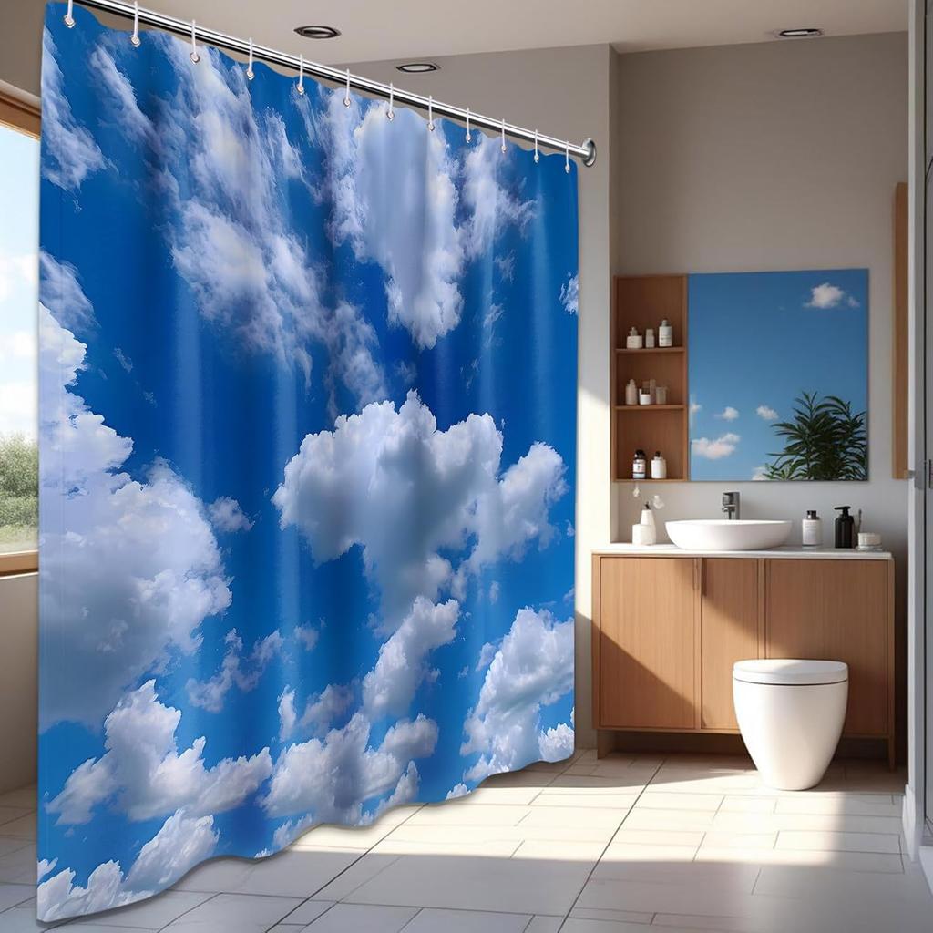 Blue Sky Shower Curtain White Clouds Nature Scenic Landscape Bathroom Decor, Waterproof Cloth Fabric with Hooks, 72x72 inch