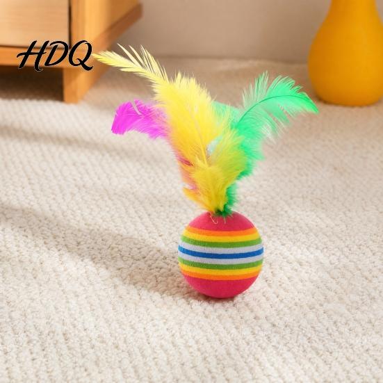 Soft Cat Ball Colorful Striped Ball Foam with Feathers Quiet Toy Feather