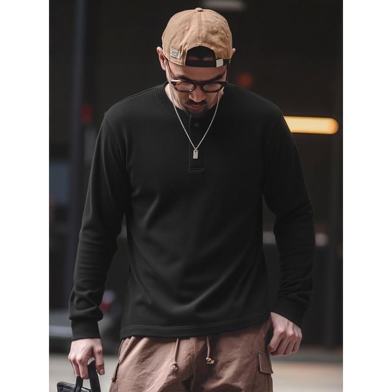 American Retro Old Money Style Tough Guy Henley Collar Base Shirt Men's Winter Long-Sleeve T-Shirt Foreign Trade Men's Casual Tee