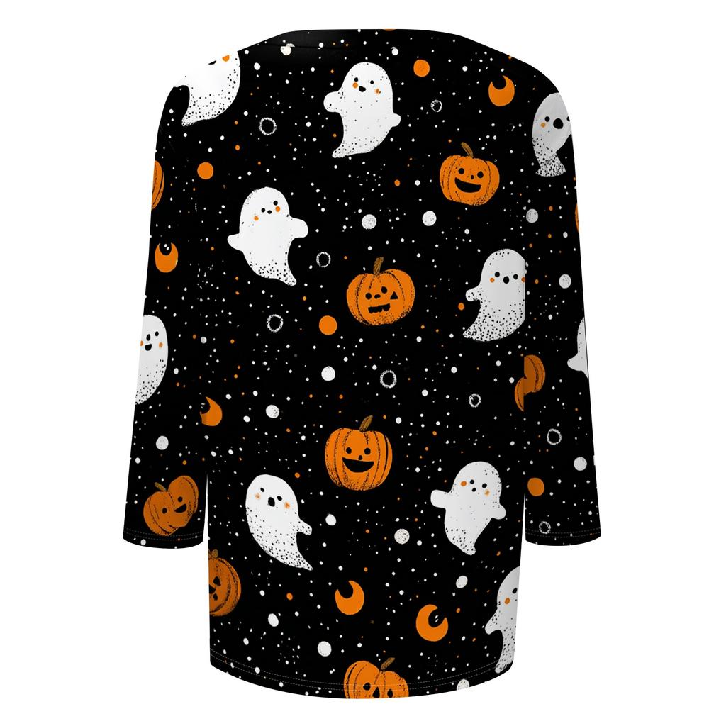 Women Casual Round Neck Halloween Print T Shirt Three Quarter Sleeve Top Lightweight Comfortable Fit Seasonal Graphic Tee