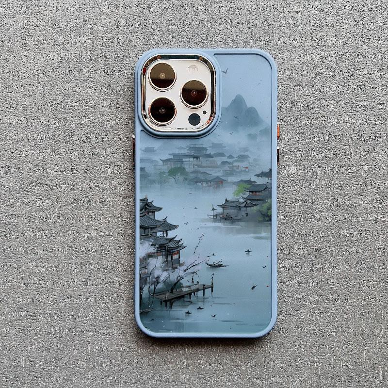 Mountains and Streams Pavilion Ink Brush Painting Phone Case for iPhone 12 13 14 11 Pro Max X XR XS 14 7 8 Plus SE Silicon Cover