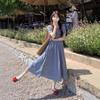 Academy Style Sweet Age-reducing Thin Blue Plaid Dress Women's French Retro Lace Collar Slim Waist Lace-up Dress