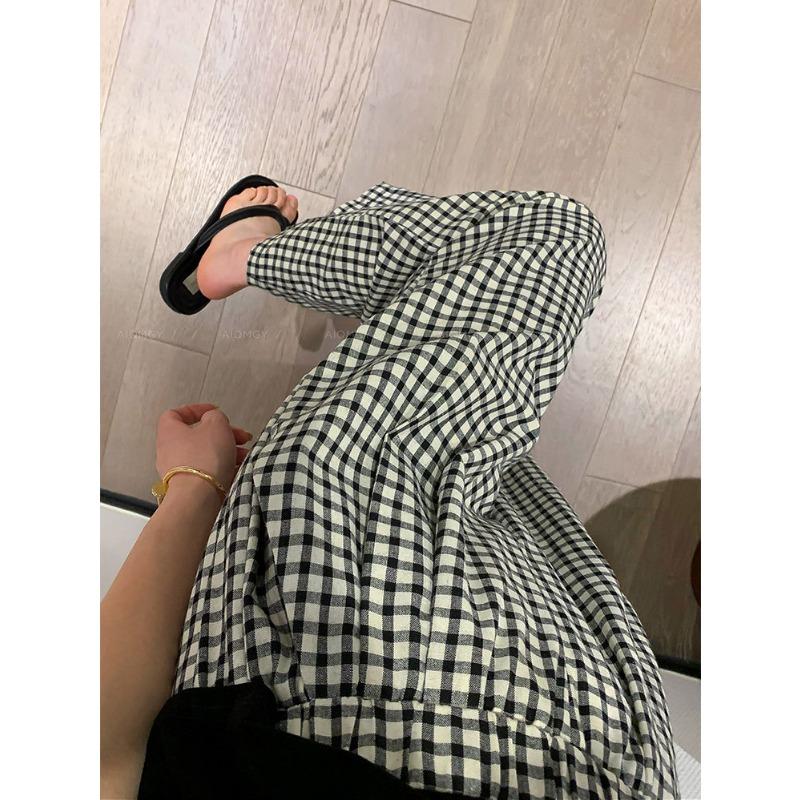 Retro new plaid nine-point slightly wide casual wide-leg pants women's thin and versatile high-waisted fashion sports straight pants