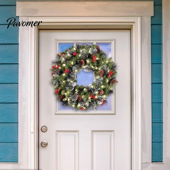 High-quality Christmas Wreath with Light Frosted Artificial Berries And Pine Long-lasting Holiday Decor Cones for Front Door Window Wall Indoor
